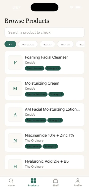 Layer app: browse skincare products by category, with brand and ingredient details.