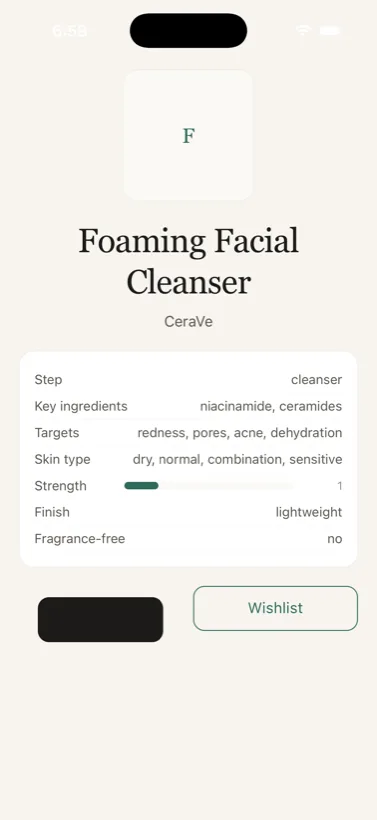 Layer app: a skincare product page showing step, key ingredients, targets, skin type, strength and finish.